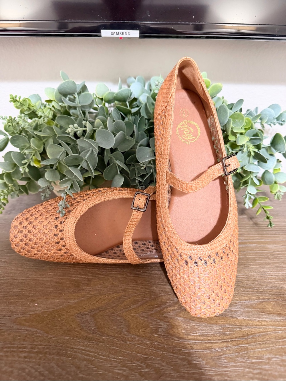 Woven Mary Jane Flats in Tan with Adjustable Strap
